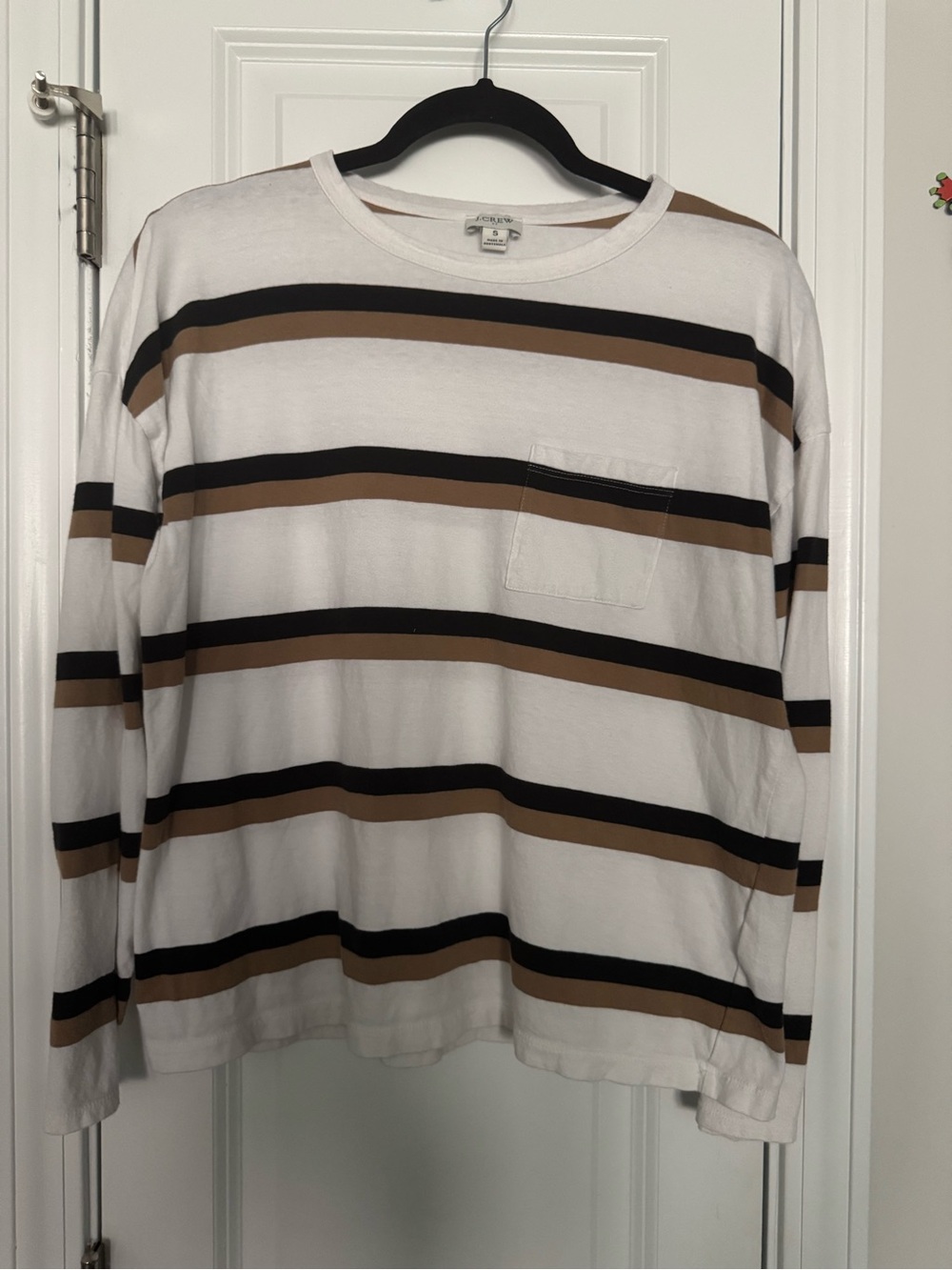 Striped Long-Sleeve Pocket Tee - White, Brown & Black